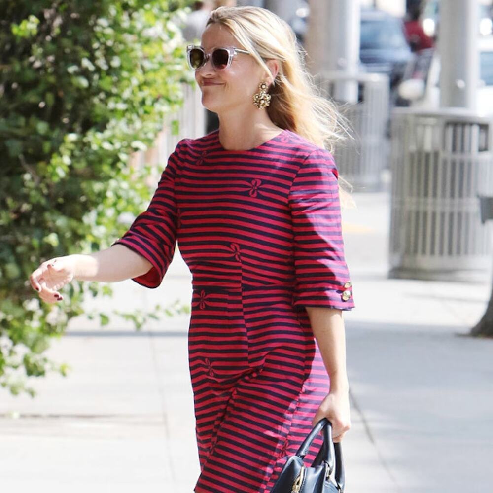 Draper James Bow Striped Bell Sleeve Dress Red Navy Blue Mini Lined Womens 10